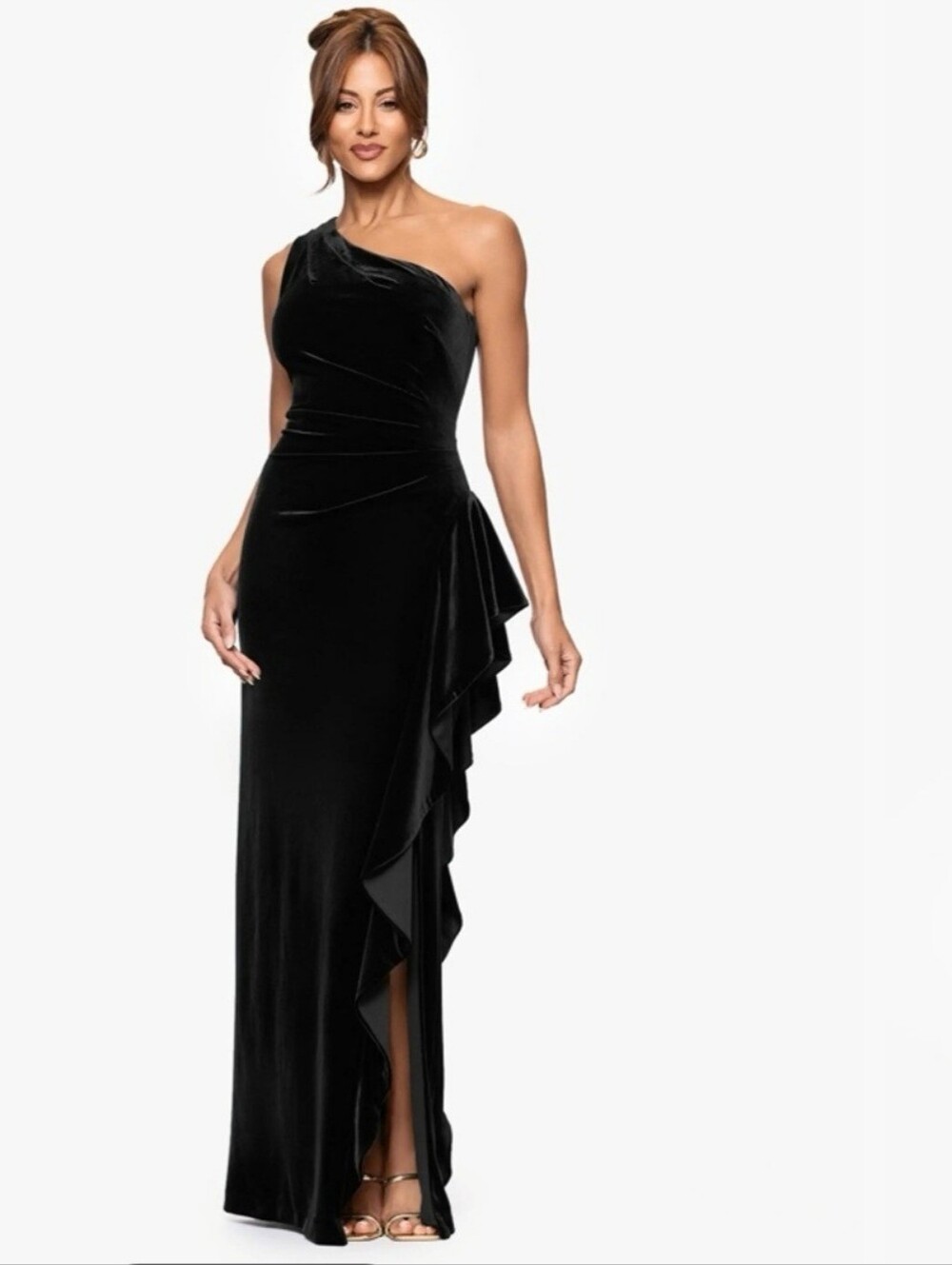 Xscape One-Shoulder Teal Velvet Evening Gown Sz 12P